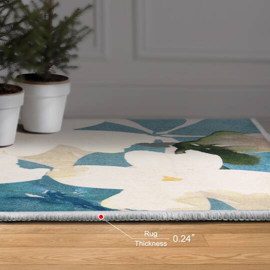 Empire Art Direct Peach 5ft.x 7.5ft. Teal Floral Washable Flowers Area Rug